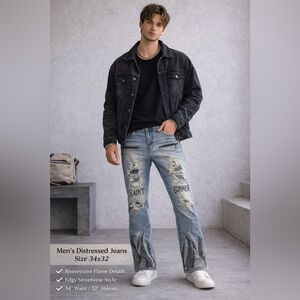 Focus Jeans Distressed Rhinestone Flame Skinny Jeans Light Wash Size 34x32